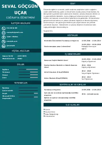 Coğrafya Öğretmeni CV Örnekleri cv indir